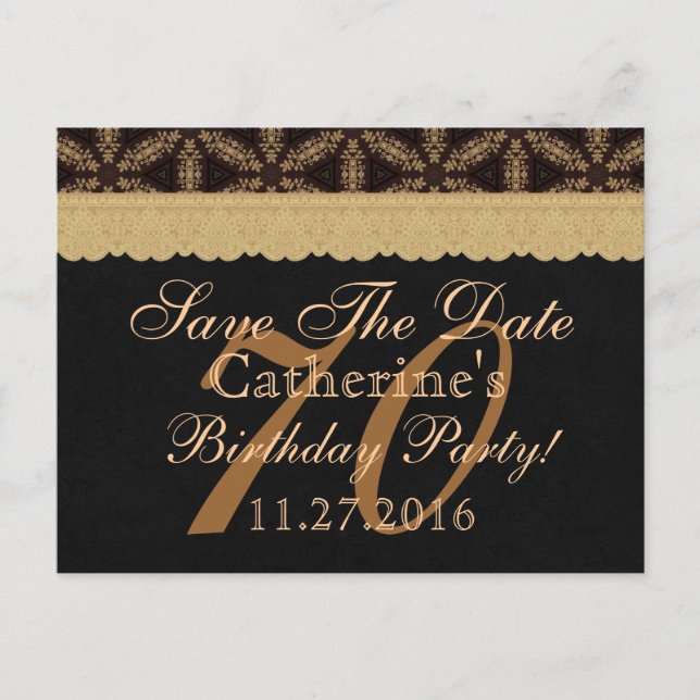 70th Save the Date Birthday Pale Gold Lace Black 2 Announcement Postcard (Front)