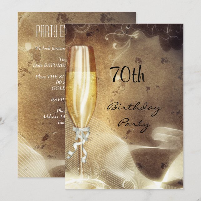 70th Sepia Champagne Glass Invitation (Front/Back)