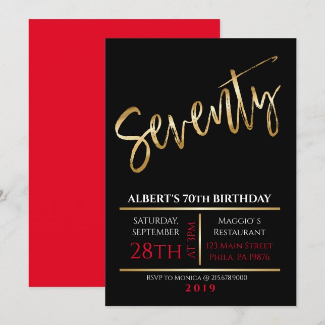 70th Seventieth Birthday Gold Black Invitation (Front/Back)
