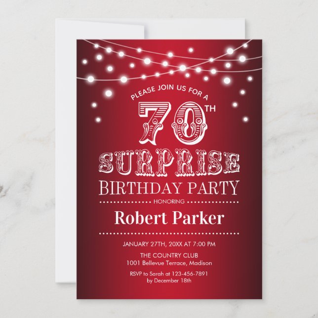 70th Surprise Birthday - Black Red White Invitation (Front)