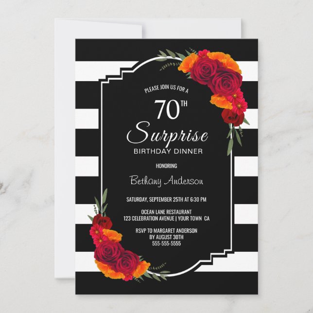 70th Surprise Birthday Dinner Black White Striped Invitation (Front)
