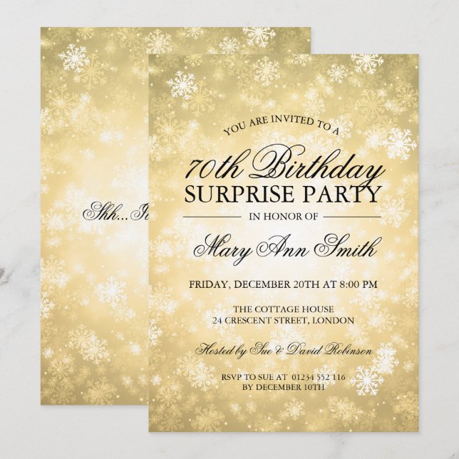 70th Surprise Birthday Gold Winter Wonderland Invitation (Front/Back)