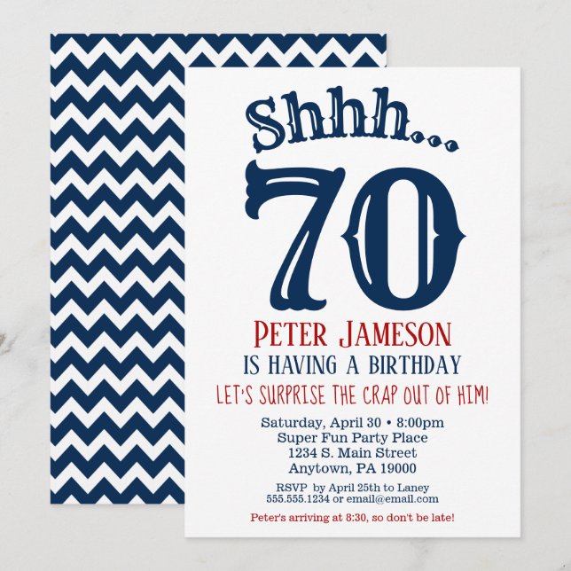 70th Surprise Birthday Invitation Mens Navy Blue (Front/Back)