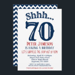 70th Surprise Birthday Invitation Mens Navy Blue<br><div class="desc">A funny and striking 70th birthday navy blue,  white and red surprise birthday invitation for milestone.</div>