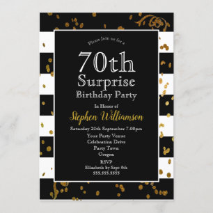 70th Surprise Birthday Party Black and Gold Invitation