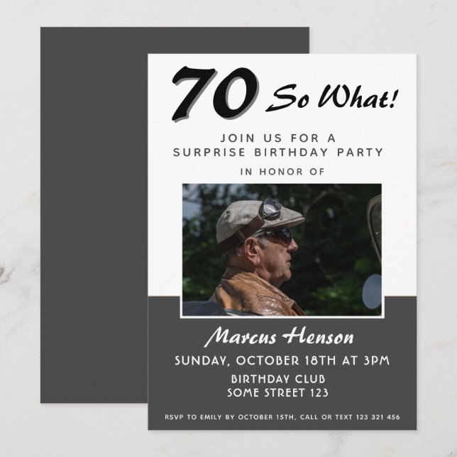 70th Surprise Birthday Party Photo Invitation Card (Front/Back)