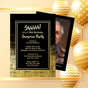70th Surprise Birthday Photo on Back Black & Gold