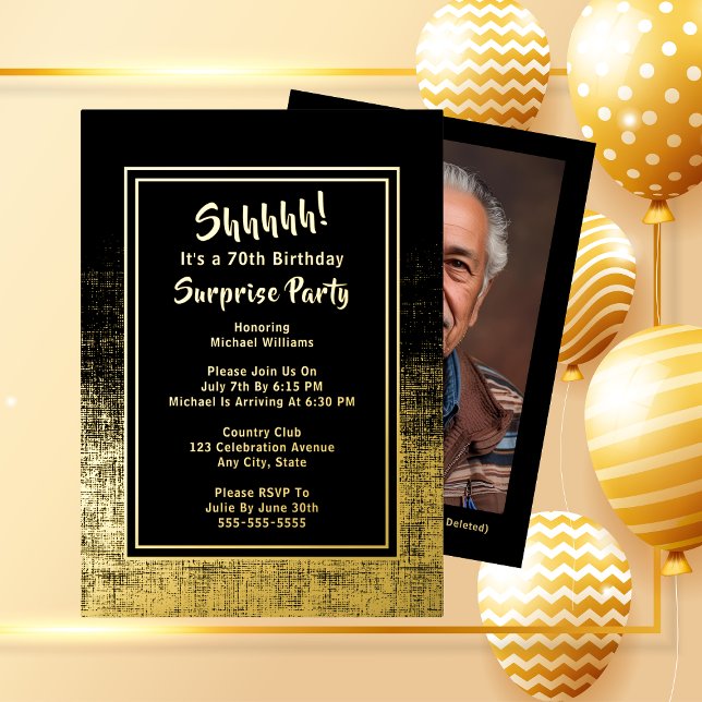 70th Surprise Birthday Photo on Back Black & Gold (Creator Uploaded)