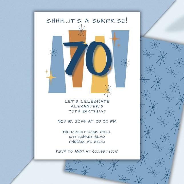 70th Surprise Birthday Retro Masculine Blue Invitation (Creator Uploaded)