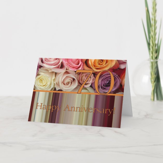 70th Wedding Anniversary Card -Pastel Roses Stripe | Zazzle