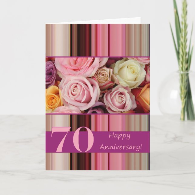 70th Wedding Anniversary Card -Pastel roses stripe (Front)