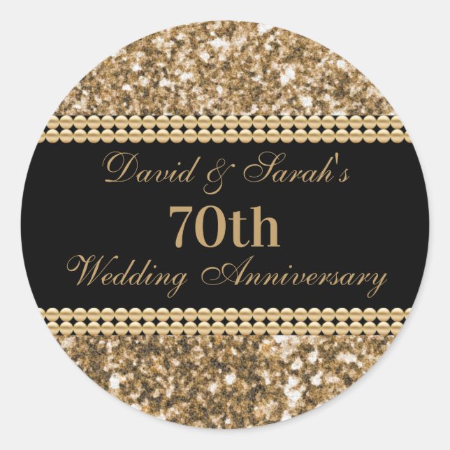 70th Wedding Anniversary Celebration Gold Glitter  Classic Round Sticker (Front)