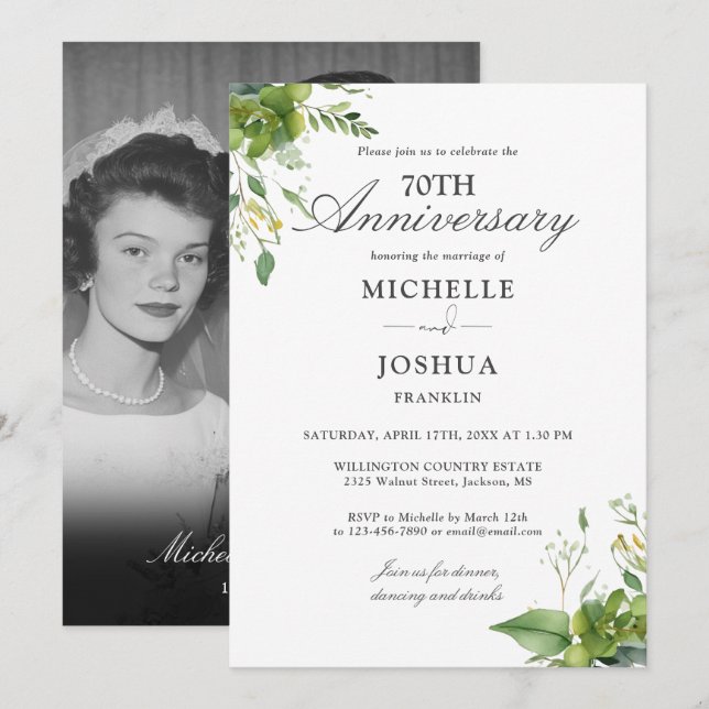 70th Wedding Anniversary Floral Greenery Photo Invitation (Front/Back)