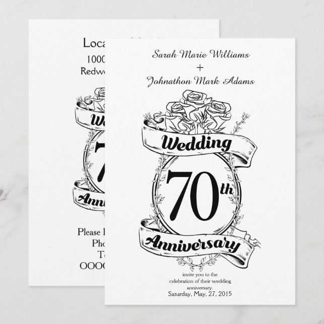 70th Wedding Anniversary Flowers Black and white Invitation (Front/Back)