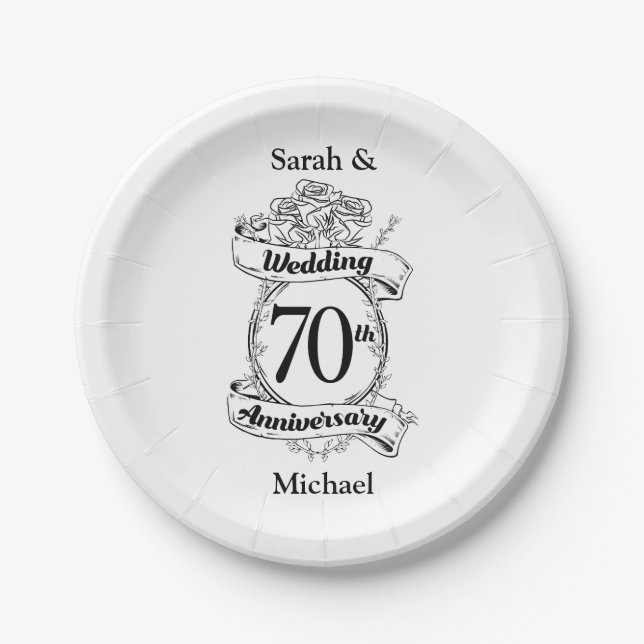 70th Wedding Anniversary Flowers Black and white Paper Plate (Front)