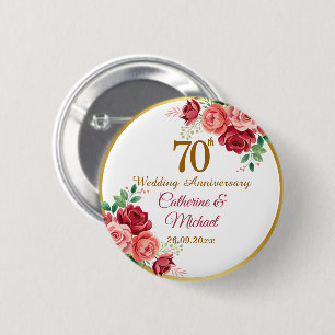 70th Wedding Anniversary Gold Frame Floral 6 Cm Round Badge