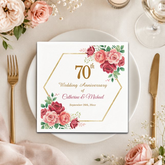 70th Wedding Anniversary Gold Frame Floral Napkin (Creator Uploaded)