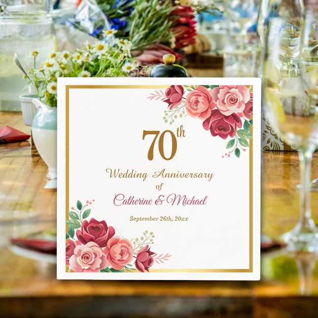 70th Wedding Anniversary Gold Frame Floral Napkin (Creator Uploaded)
