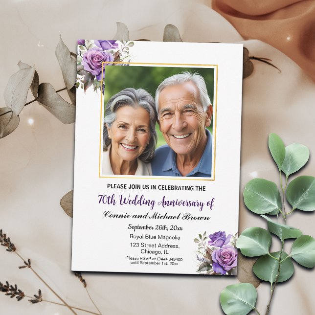70th Wedding Anniversary Gold Frame Purple Roses Invitation (Creator Uploaded)