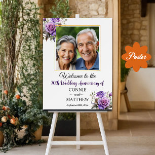 70th Wedding Anniversary Gold Frame Purple Roses Poster