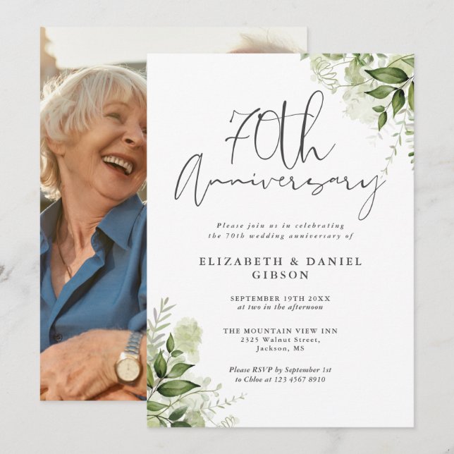 70th Wedding Anniversary Greenery Floral Invitation (Front/Back)