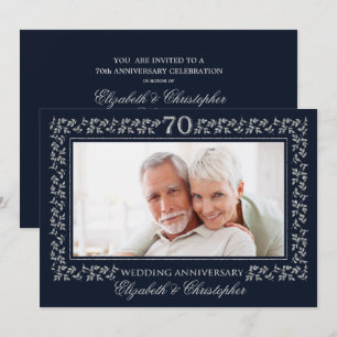 70th Wedding Anniversary Navy Blue Silver Photo Invitation