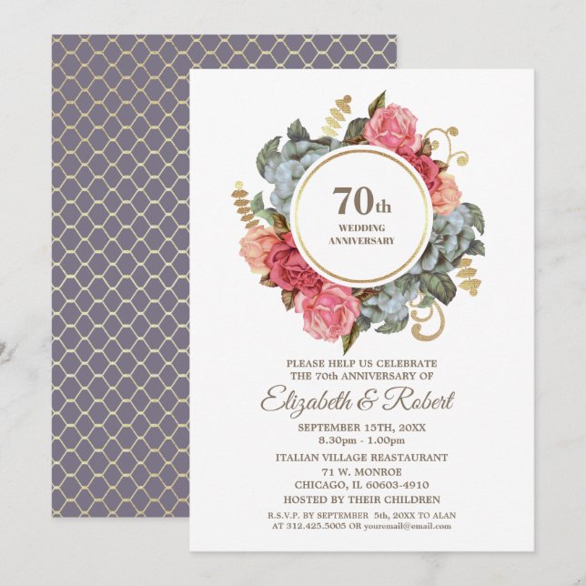 70th Wedding Anniversary Party Floral Invitation (Front/Back)