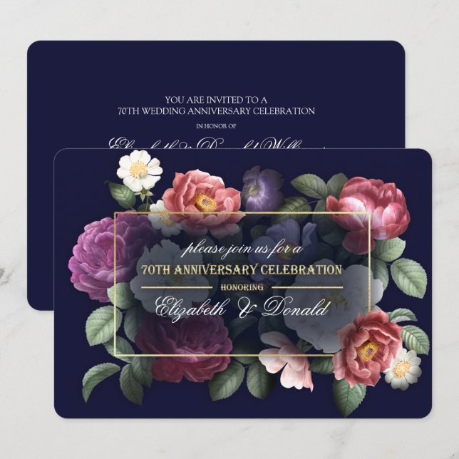 70th Wedding Anniversary Party Vintage Floral Invitation (Front/Back)