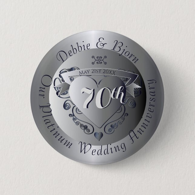 70th Wedding Anniversary Platinum Heart 6 Cm Round Badge (Front)