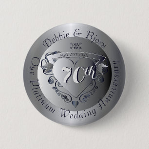70th Wedding Anniversary Platinum Heart 6 Cm Round Badge