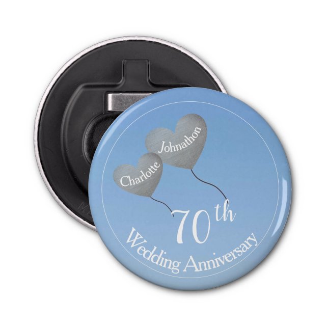 70th wedding anniversary platinum heart balloons bottle opener (Front)