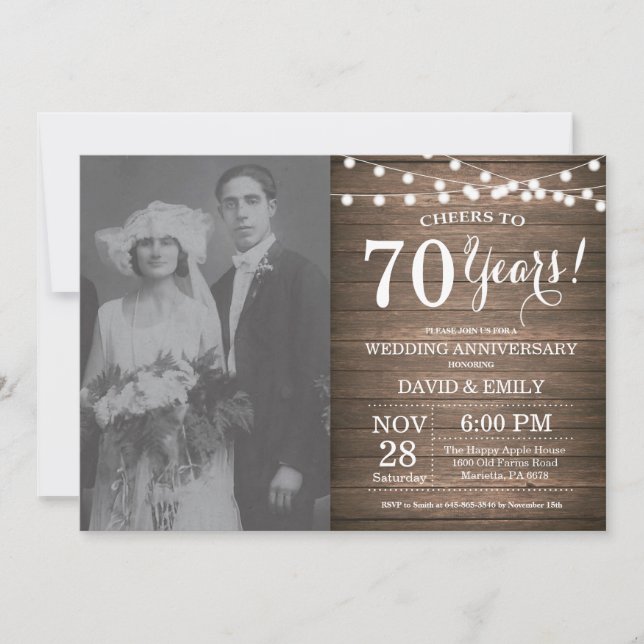 70th Wedding Anniversary Rustic Wood Invitation (Front)