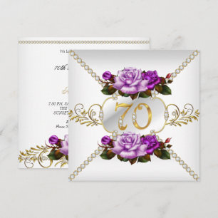 70th Women's Birthday Party Purple Rose White Gold Invitation