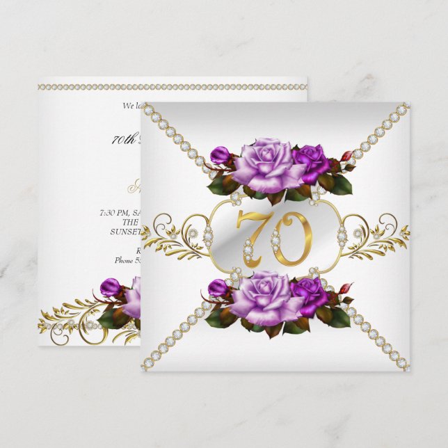70th Women's Birthday Party Purple Rose White Gold Invitation (Front/Back)