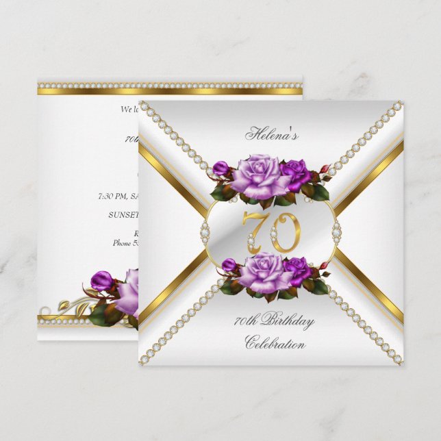 70th Women's Birthday Party White Gold Lilac Rose Invitation (Front/Back)