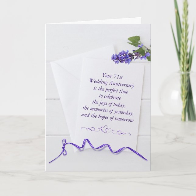 71st Anniversary Purple Flowers On White Wood Card (Front)