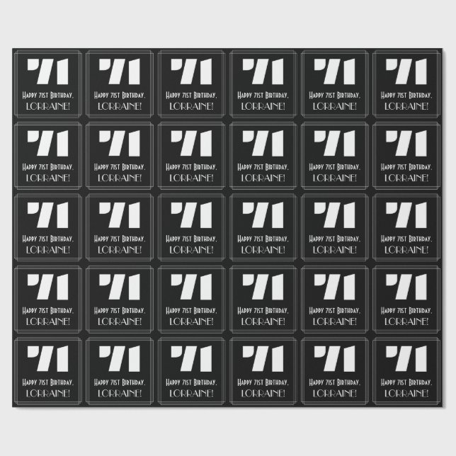 71st Birthday: Art Deco Inspired Look "71" & Name Wrapping Paper (Flat)