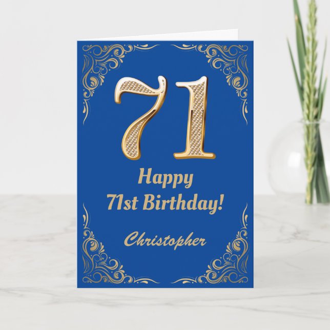 71st Birthday Blue and Gold Glitter Frame Card (Front)