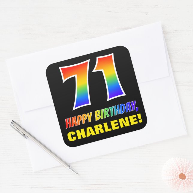 71st Birthday: Bold, Fun, Simple, Rainbow 71 Square Sticker (Envelope)