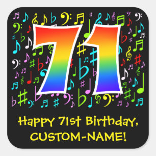 71st Birthday: Colourful Music Symbols, Rainbow 71 Square Sticker
