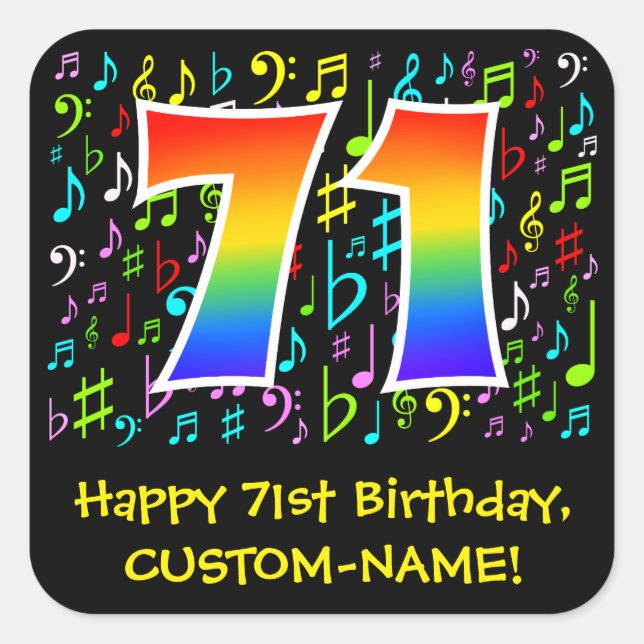 71st Birthday: Colourful Music Symbols, Rainbow 71 Square Sticker (Front)