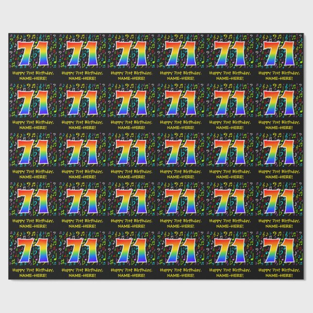 71st Birthday: Colourful Music Symbols, Rainbow 71 Wrapping Paper (Flat)