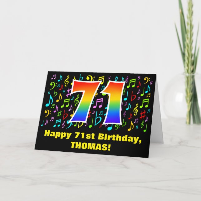 71st Birthday: Colourful Music Symbols & Rainbow 7 Card (Front)