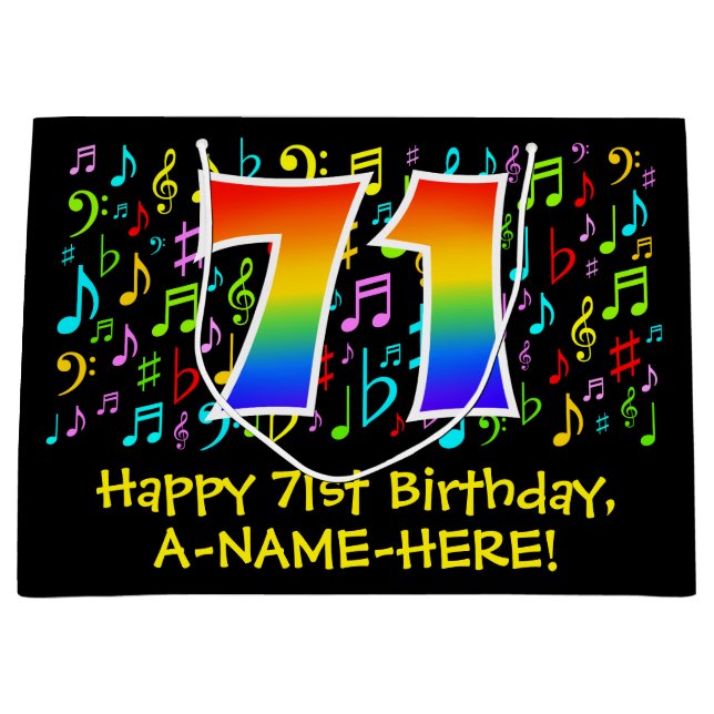 71st Birthday - Colourful Music Symbols, Rainbow 7 Large Gift Bag (Front)