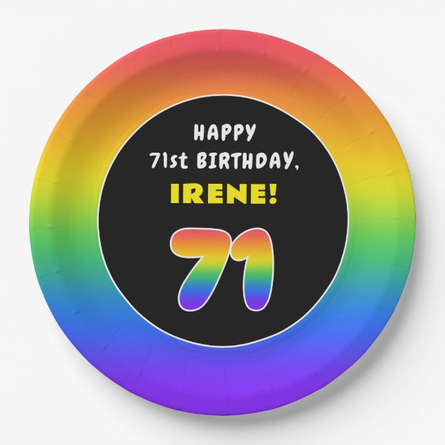 71st Birthday: Colourful Rainbow # 71, Custom Name Paper Plate (Front)