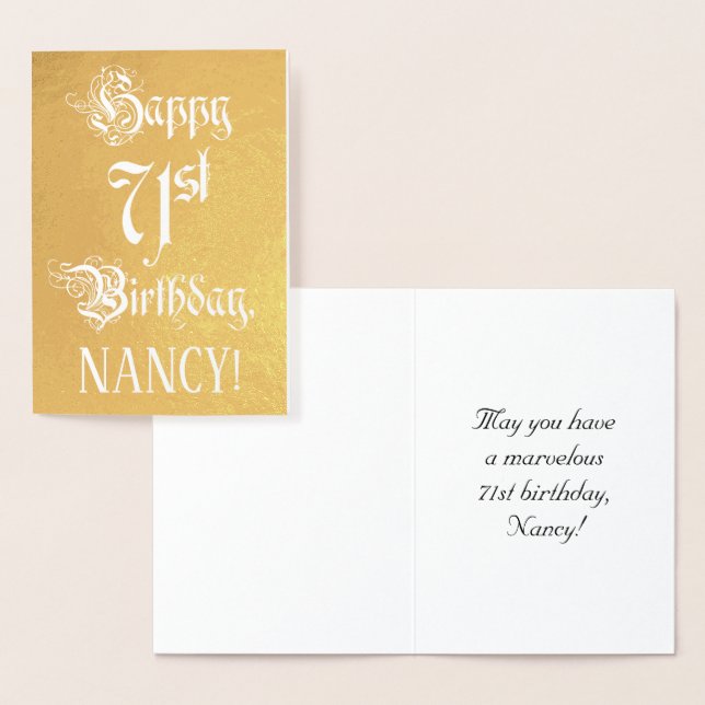 71st Birthday: Elegant, Ornate Script; Custom Name Foil Card (Display)