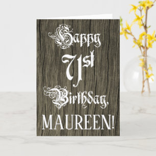 71st Birthday: Fancy, Elegant Text; Faux Wood Look Card