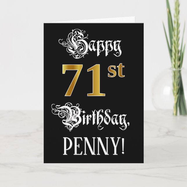 71st Birthday — Fancy Script; Faux Gold Look; Name Card (Front)