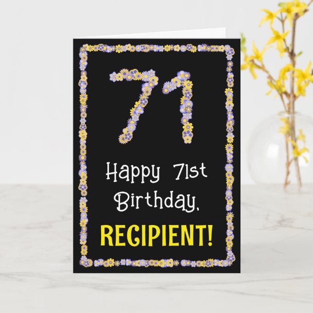 71st Birthday: Floral Flowers Number, Custom Name Card (Yellow Flower)
