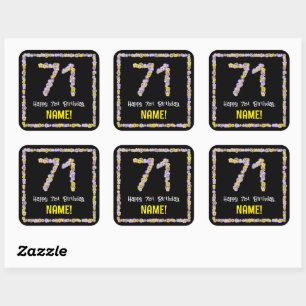 71st Birthday: Floral Flowers Number, Custom Name Square Sticker